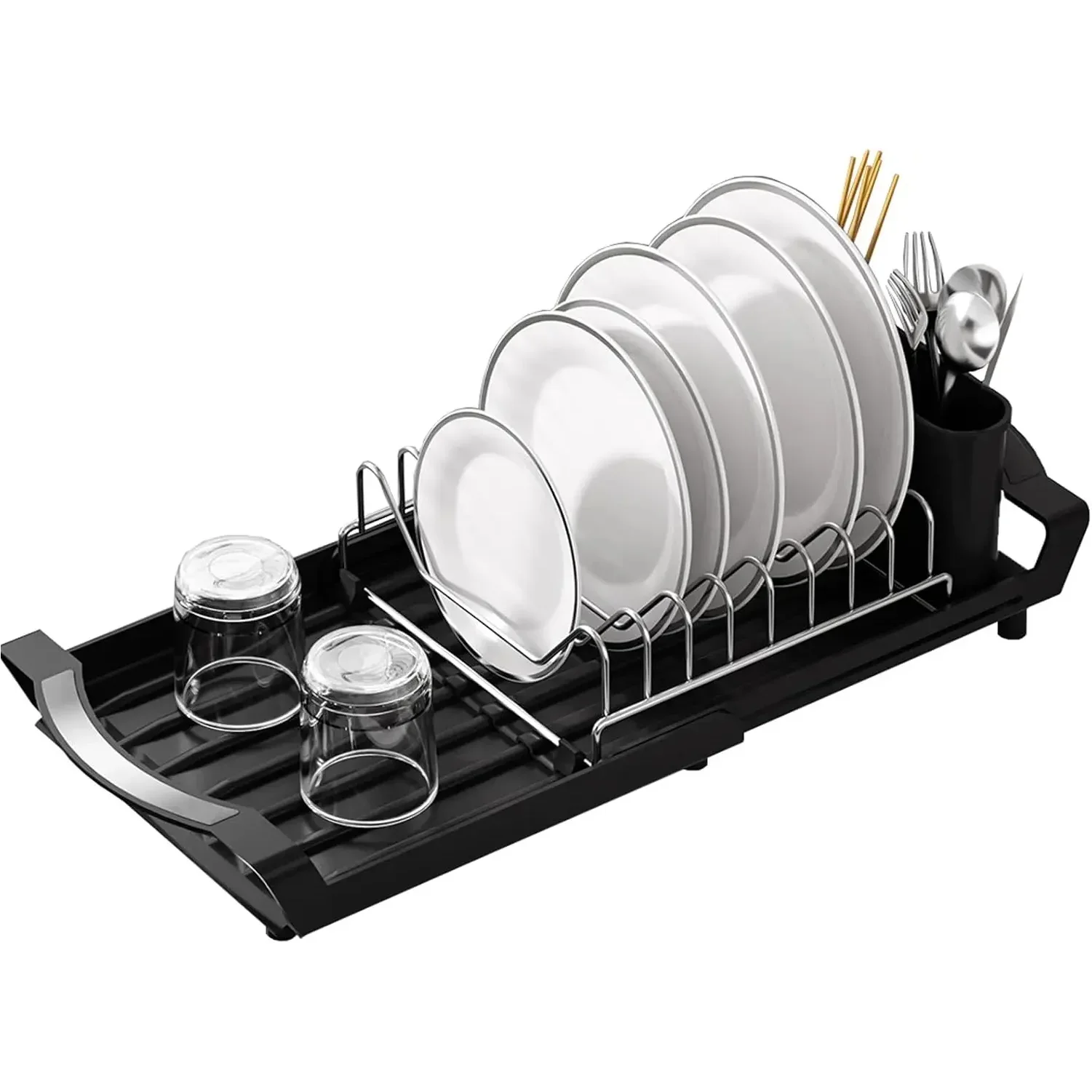 Expandable Dish Drying Rack Dish Racks for Kitchen Counter Adjustable Spout Dish Strainers with Utensil Holder Knife Slots