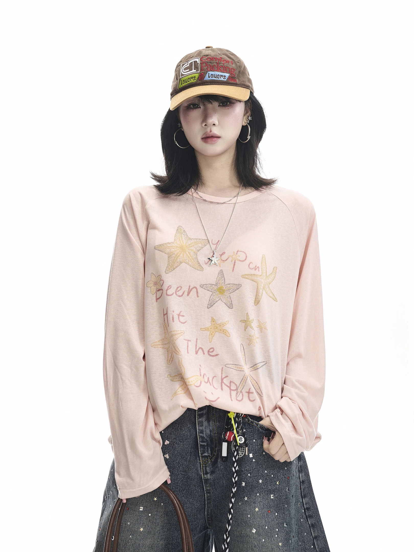 

Retro American Long Sleeve T-Shirt Women Summer New Lazy Style Sunshade Loose Thin Micro Translucent Casual round Neck Top
