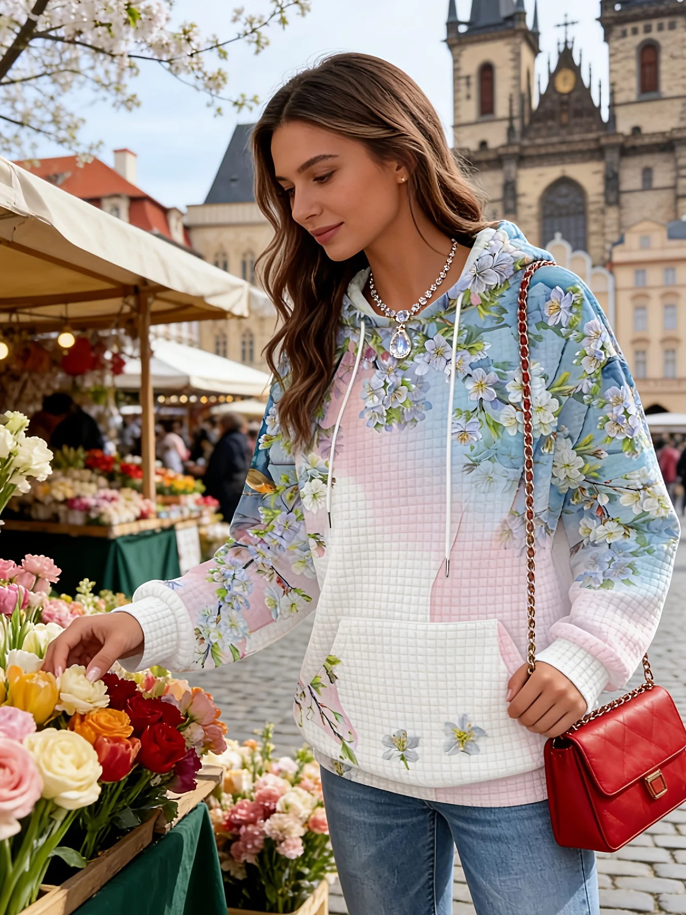 

Printed Design casual style Floral Gradient Checkered Pattern Print hoodie