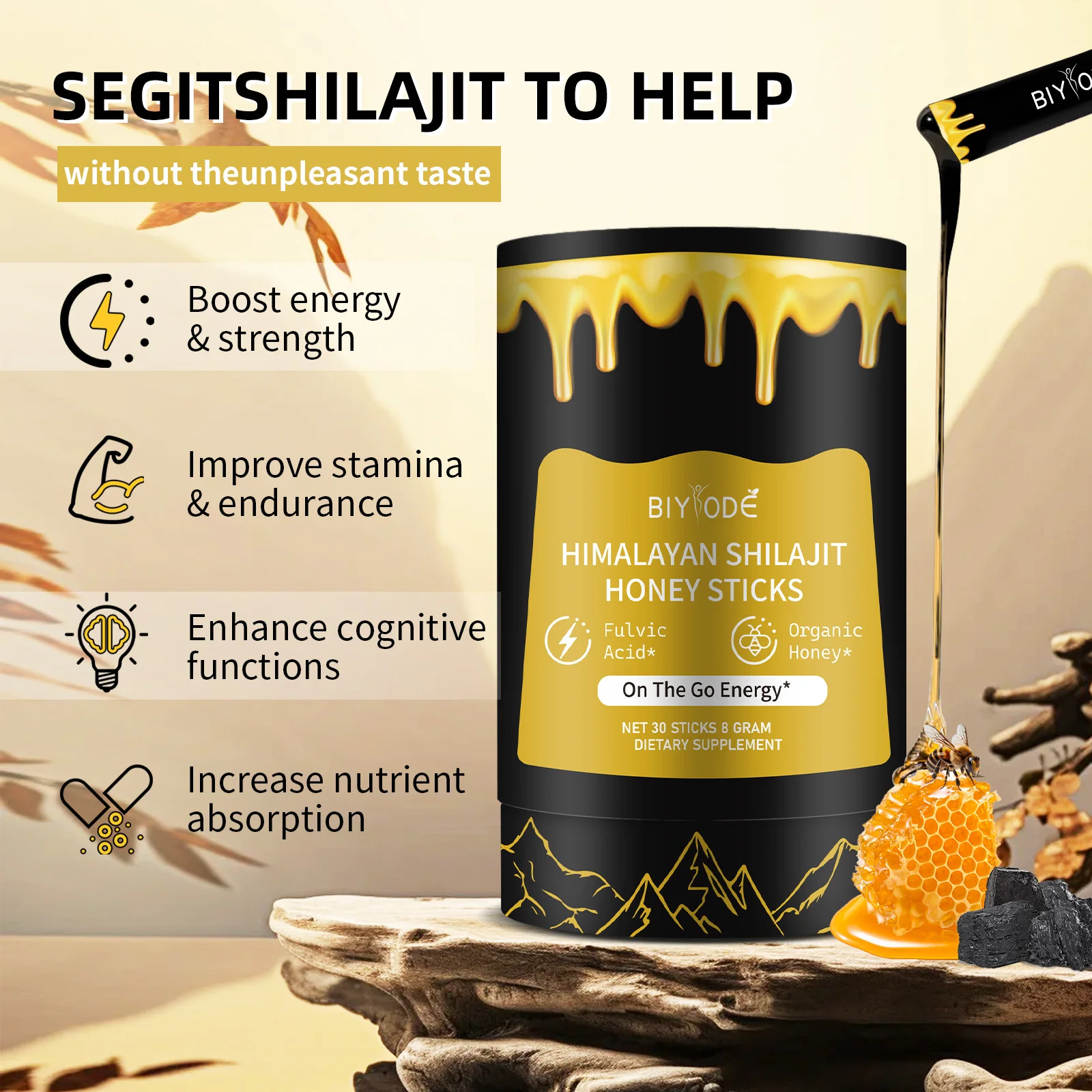 Himalayan Shilajit Resin Honey Sticks Shilajit Resin Sourced 30sticks Sugar Occurring Fulvic Acid Independent Packaging