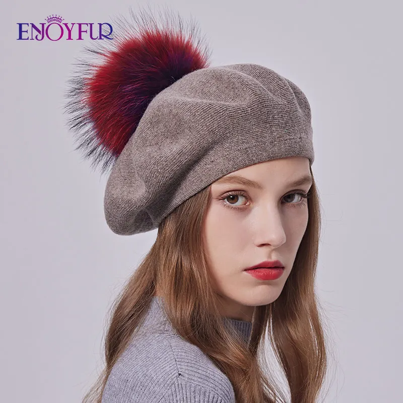 استمتع بالنساء الشتاء الكلاسيكية Frech قبعة الصوف الكشمير متماسكة القبعات مع ريال كبير رقيق الفراء بوم بوم سيدة الموضة قبعة بيريه دافئة #3
