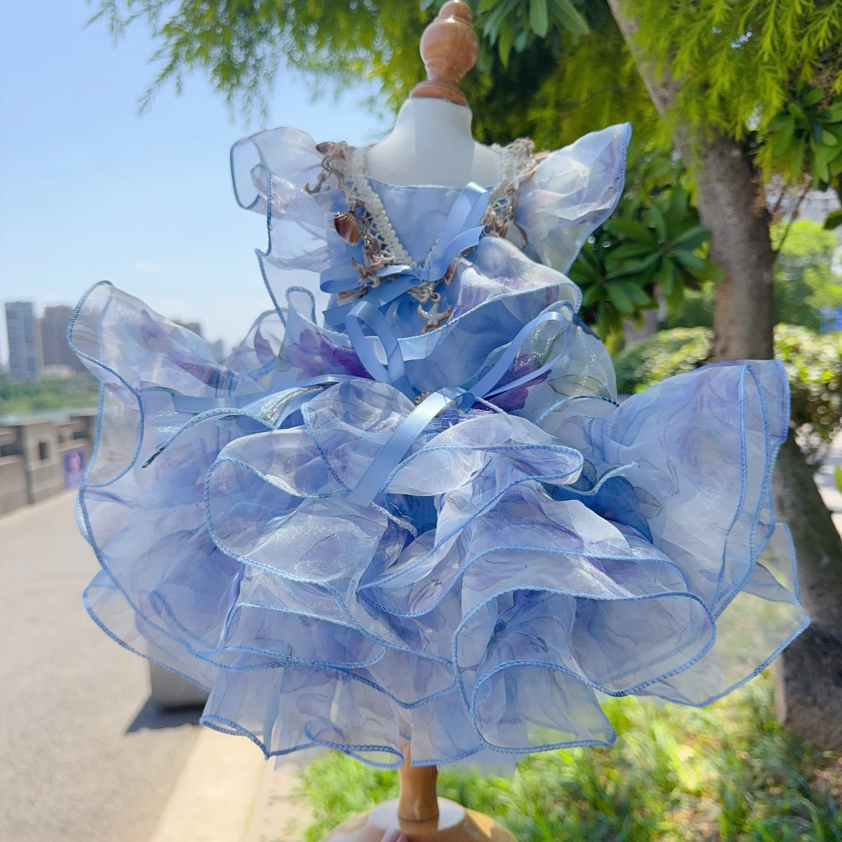 

Summer Seashell Decor Blue Purple Pet Dog Clothes Luxury Handmade Lace Princess Dress For Small Medium Dog Yorkshire Puppy Skirt