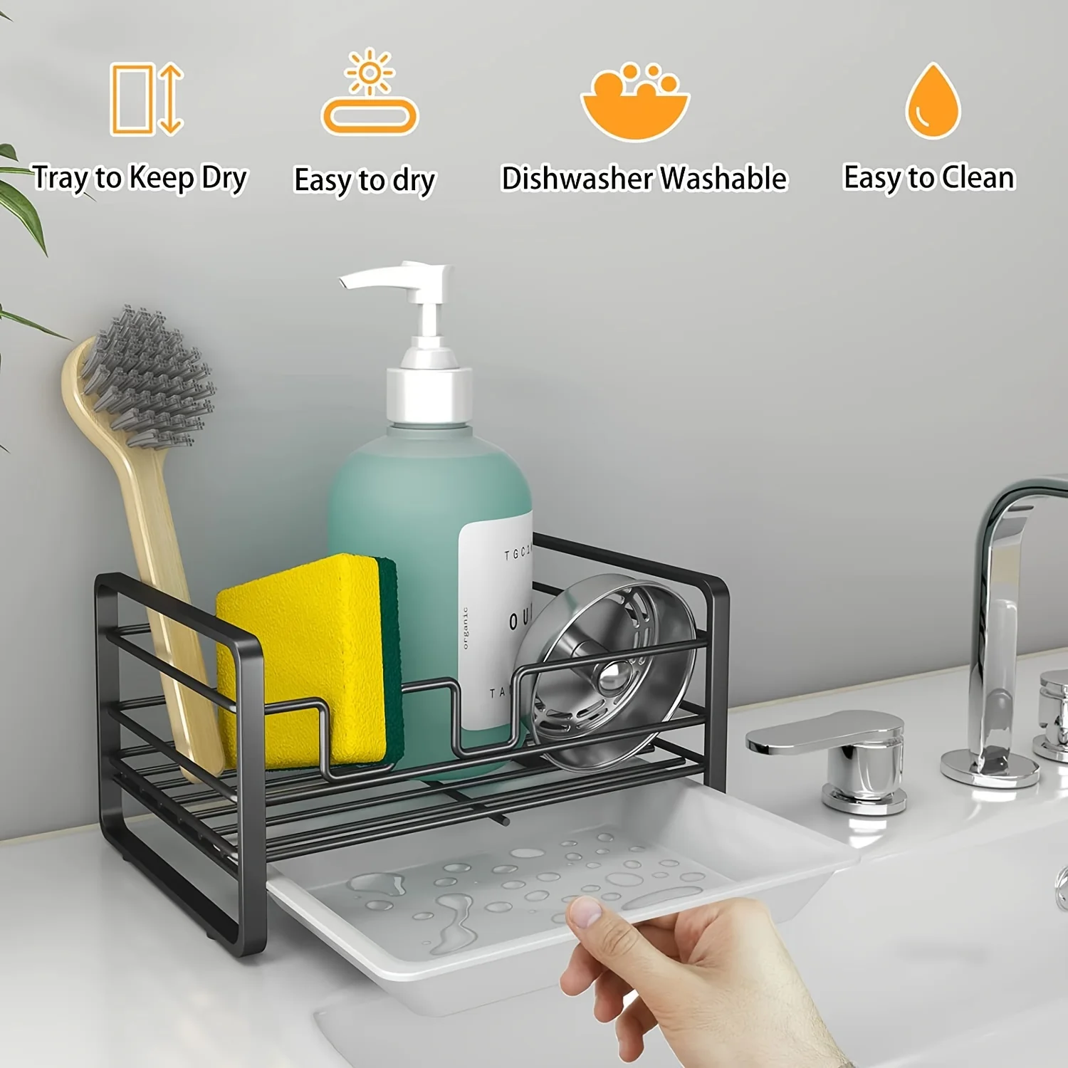 1pc Kitchen Drain Rack, Drain Rack For Sponge, Brush, Towel, Hand Sanitizer, With Drain Board, Bathroom And Kitchen Supplies