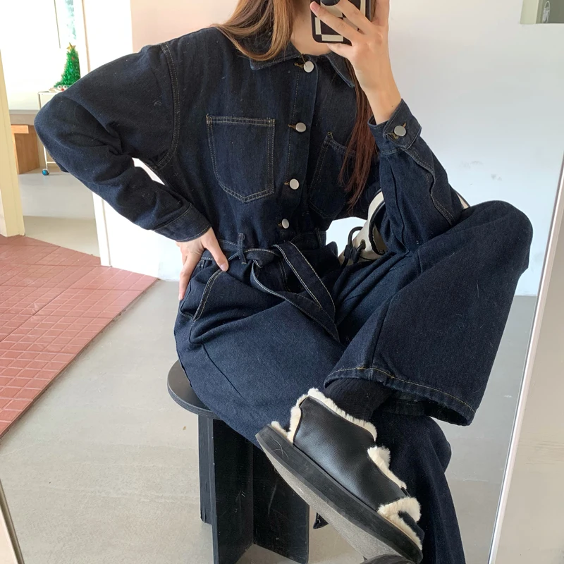 2024 Spring New Korean Fashion Solid Color Loose Waistband Denim Jumpsuit Women's Long-Sleeved College Style Jeans Pants