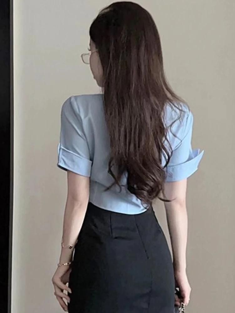Shirts Women Slim Elegant Folds Office Lady Chic Streetwear Leisure Summer Turn-down Collar Sexy Ulzzang Students Popular Solid