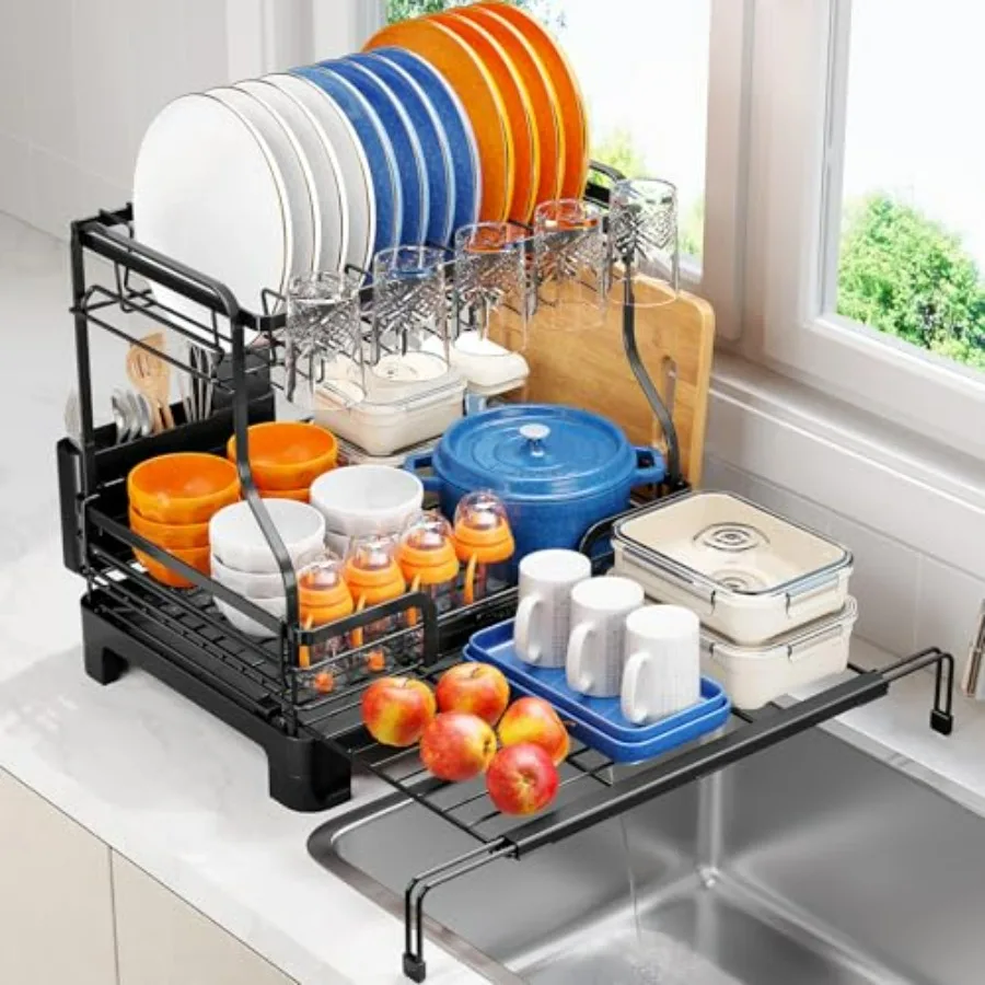 

Extendable 2-Tier Black Dish Drying Rack for Kitchen Counter Large Expandable Drainboard with Cups Holder 3-in-1 Multifunction