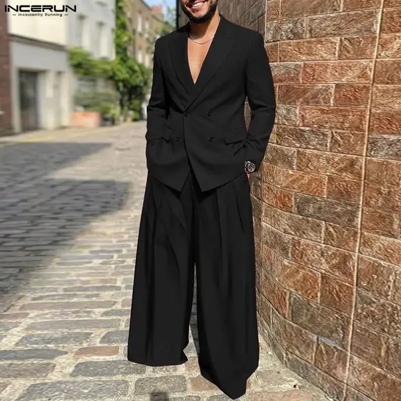 

Мужские комплекты: однотонный элегантный уличный костюм INCERUN, двубортный пиджак с длинными рукавами и брюки, комплект из двух предметов, мужские повседневные костюмы