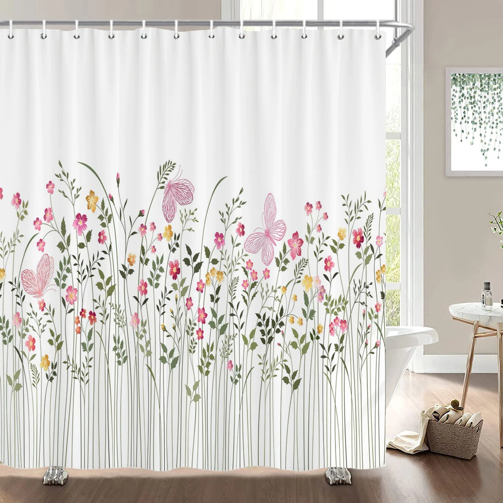 

Plants Flower Shower Curtains Butterflies Bathroom Bathtub Decoration Waterproof Polyester Bath Curtain Home Decor with Hooks