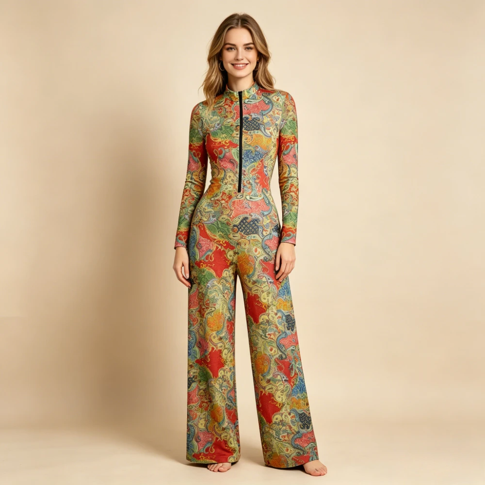 2PCS Boho Paisley Print Swimwear Set - Long Sleeve Zipper Rash Guard One Piece Swimsuit + Wide Leg Cover Up Pants 2026 Beachwear