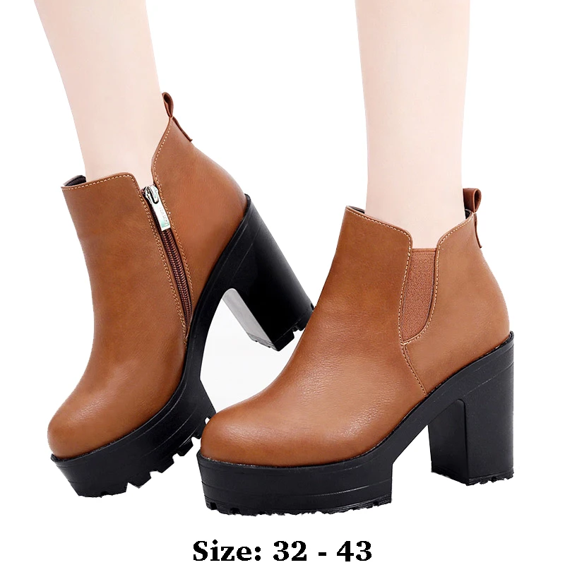 

High quality short ankle boots for women leather 10cm high platform round toe 32 33 34 autumn winter elegant shoe black brown