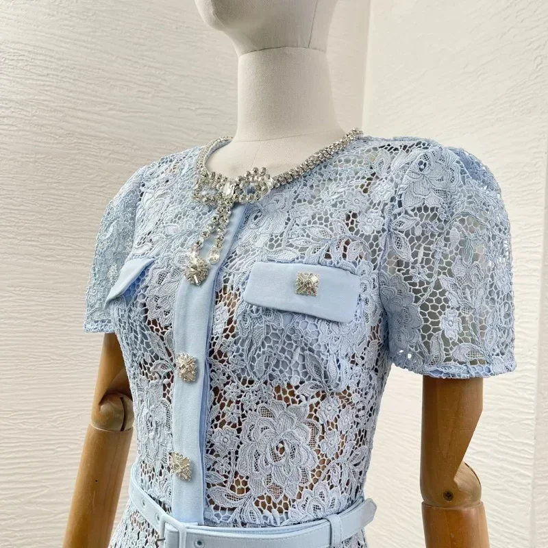 Women Lace Patchwork Floral Mini Dress Sky Blue Short Sleeve O-neck Belted Chic Elegant Female Dresses for Party Top Quality