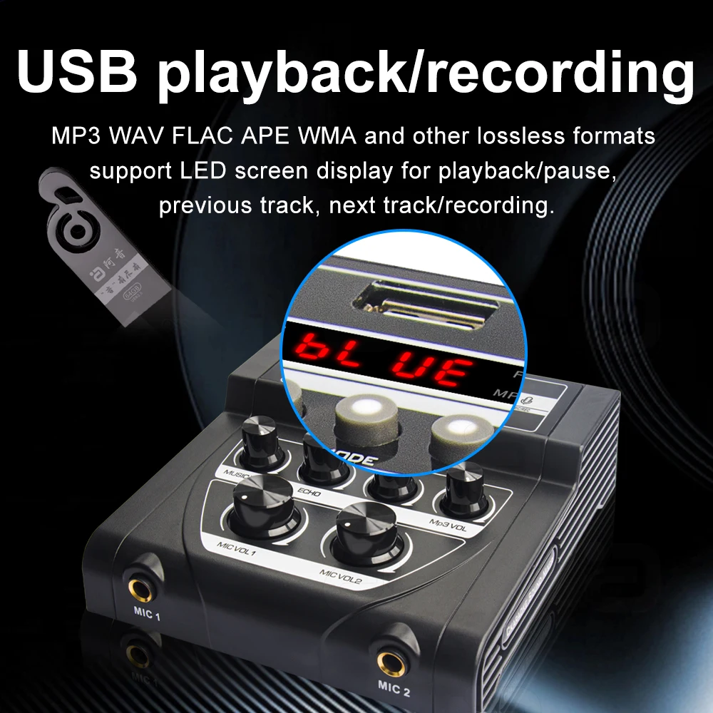 AYINO Multifunction Audio portable Mixer Console Dual microphone with Bluetooth5.0  U disk PC-USB AV audio video input output