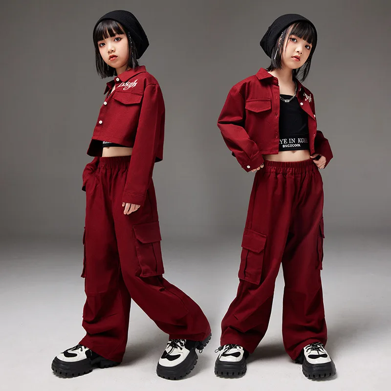 Girls Jazz Dance Costumes Children's Performance Wear Loose Casual Jacket Cargo Pants Set Hip-hop Street Dance Catwalks Outfits