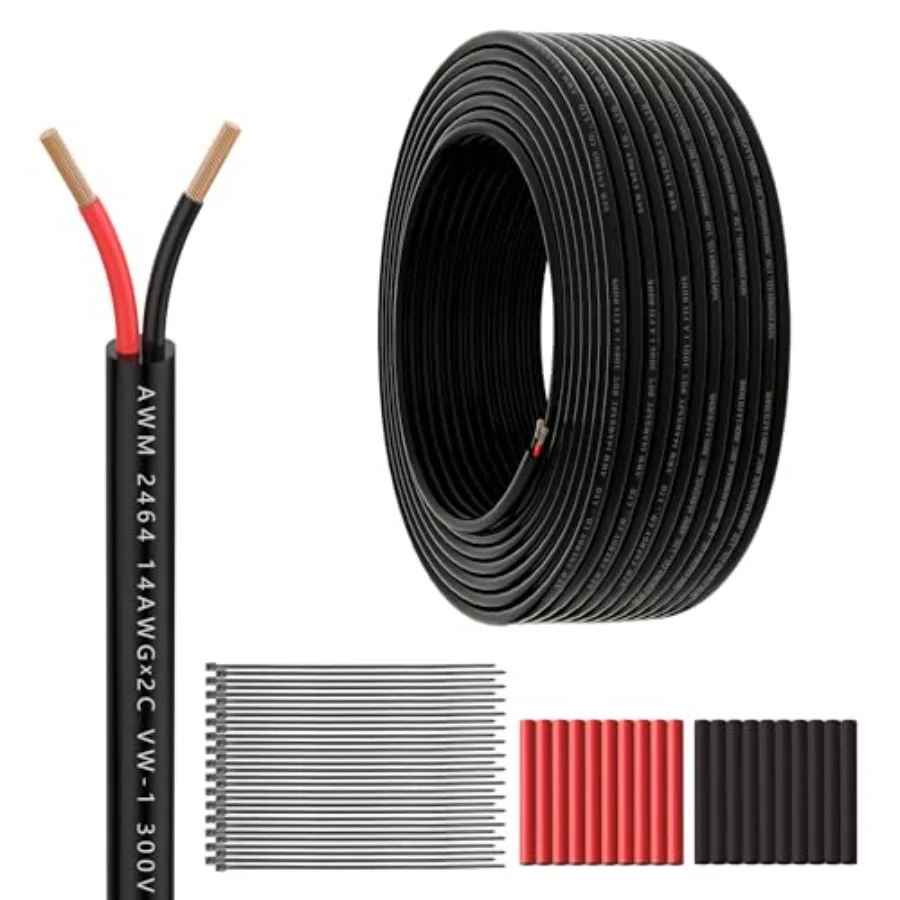 14 Gauge 2 Conductor Electrical Wire 100feet 14/2 Extension Cable UL2464 DC5V/12V/24V/300V 14AWG Stranded Pure Copper Low Volta