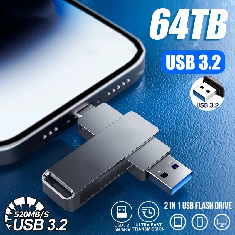 64TB USB 3.2 Flash Drive Metal Ultra-Speed Pen Drive 16TB 8TB Waterproof Type-C USB PenDrive For Computer Storage Devices 2026