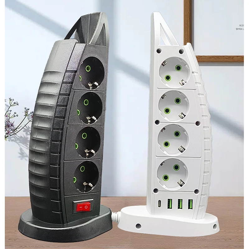 Tower Multi Power Strip Vertical EU Plug Multiple Vertical Power 4 Outlets Sockets with 1*type-C 3*USB Overload Protector Switch