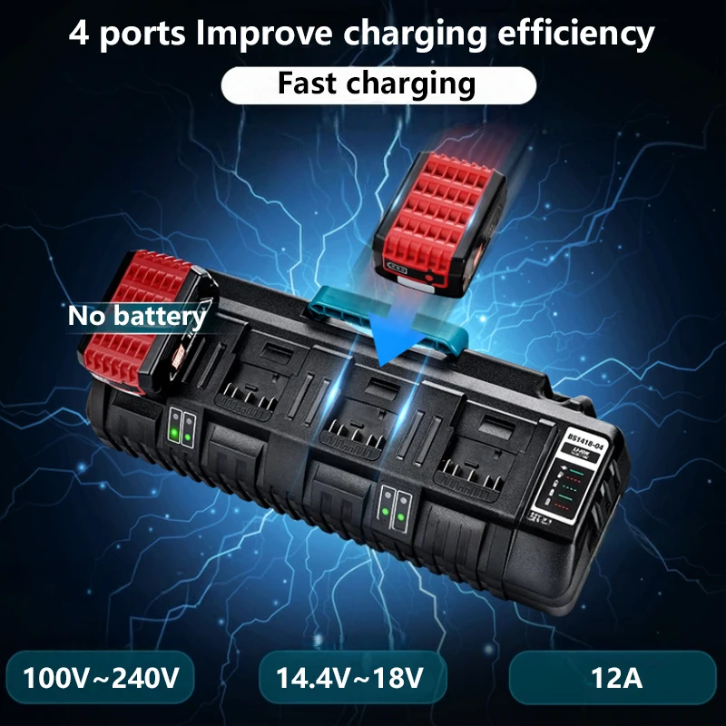 4-port Fast Charger Lithium Battery Charger for Bosch 14.4–18V Lithium Batteries with USB Port Supports Mobile Phone Charging