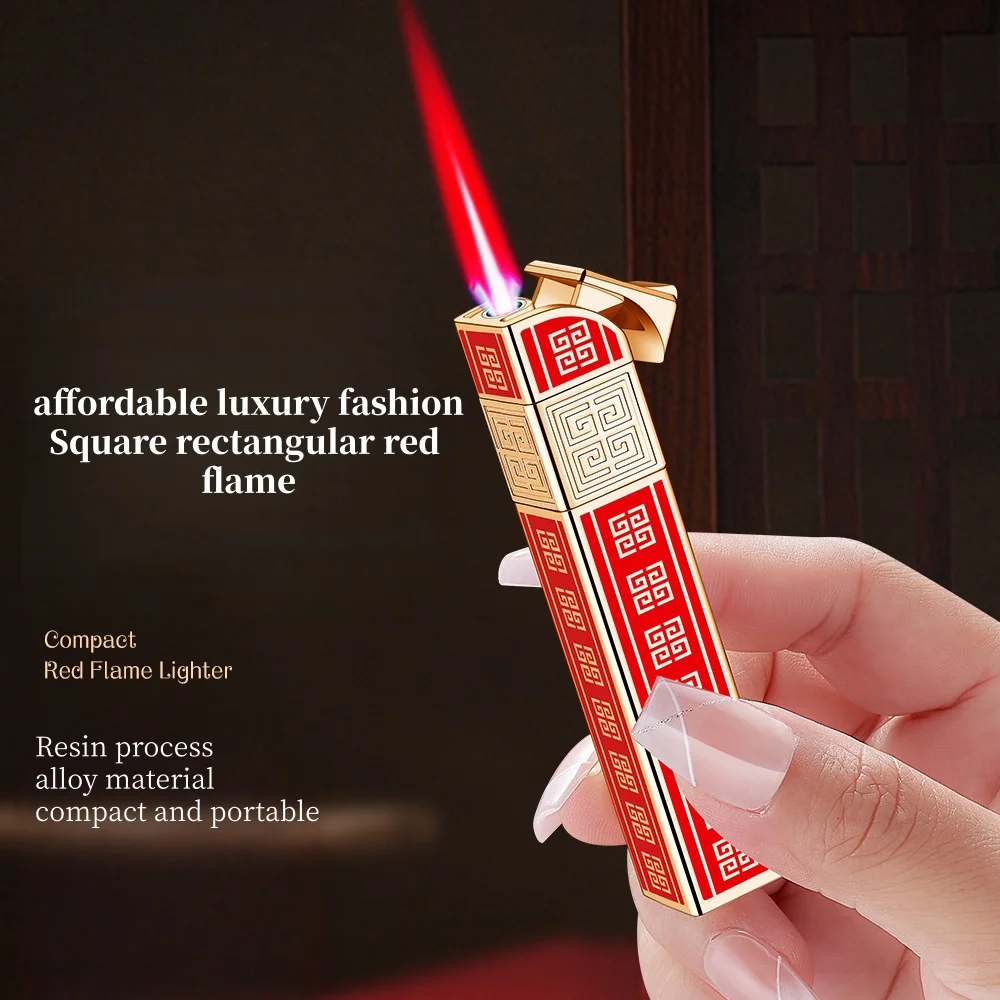 Portable MINI Square Strip Gas Lighter Metal Material Windproof Red Flame Lighter Light Luxury Fashion Women's Gift