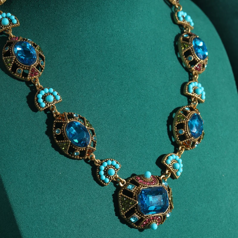 Sea Blue Crystal Statement Necklace with Gold Rhinestones