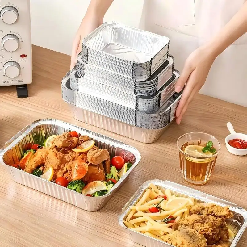 

840ml Food-Grade Disposable Aluminum Foil Container, Takeaway Packaging Box, Rectangular Thickened Aluminum Foil Baking Tray, Barbecue and Catering Special Baking Tray
