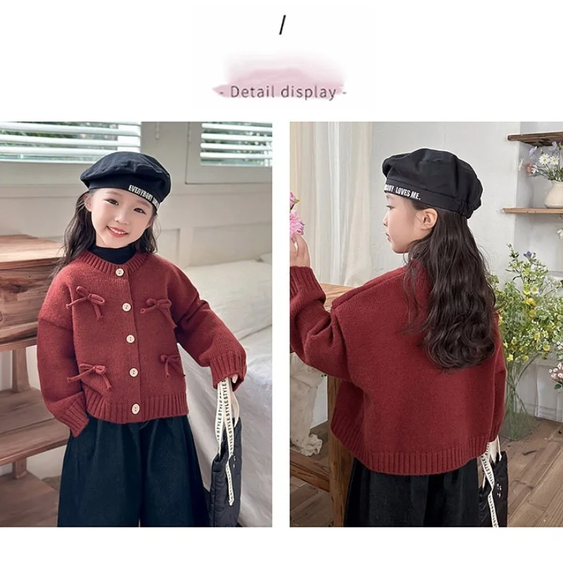 

2024 Children Clothing Girls Knitted Cardigan Student Spring Warm Long-sleeved Clothes Baby Autumn Coat Stylish Kids Bow Sweater