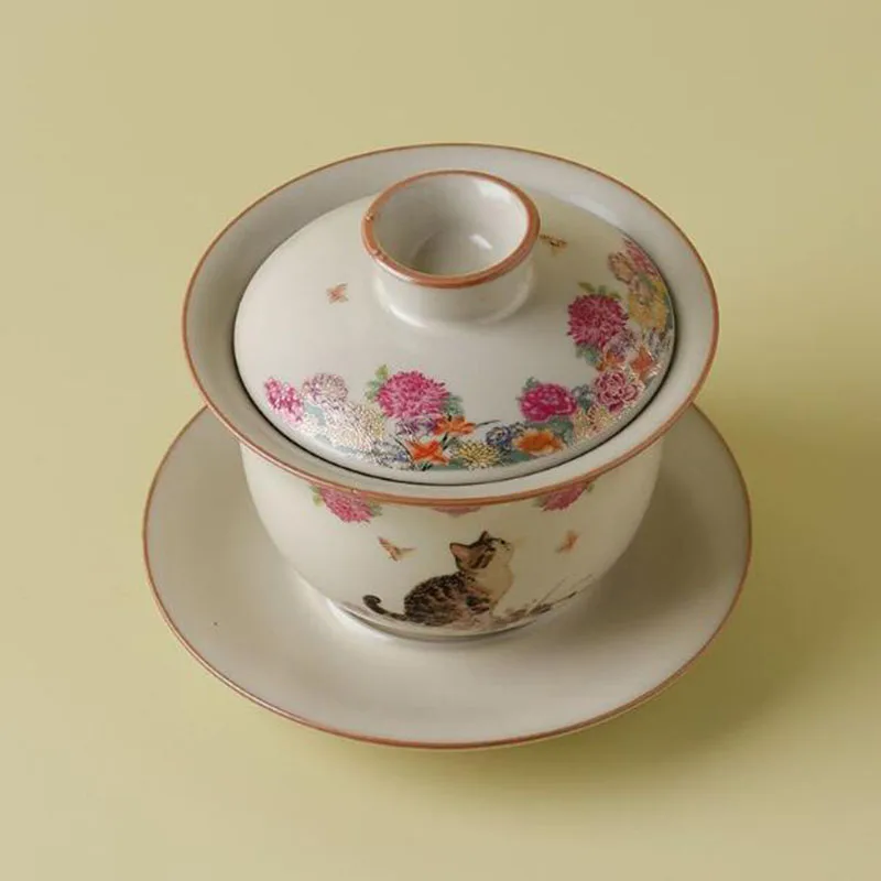 Beige Ruyao Cat Play Butterfly Sancai Tea Tureen Tea Maker Cover Bowl Tea Cup Chinese Kungfu Teaware Set