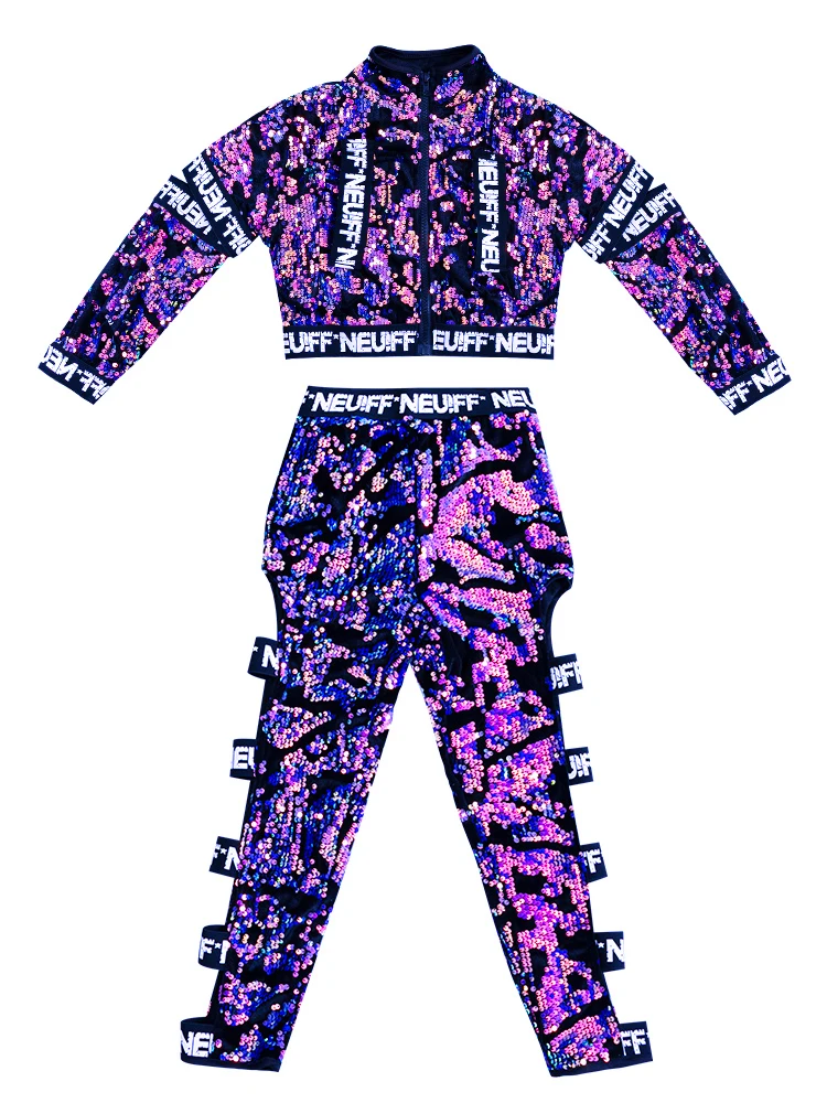 Performance Clothing Stage Dancing Wear Flared Sleeve Clothes Girls Jazz Costume Children Purple Sequin Hip Hop Set Street Dance