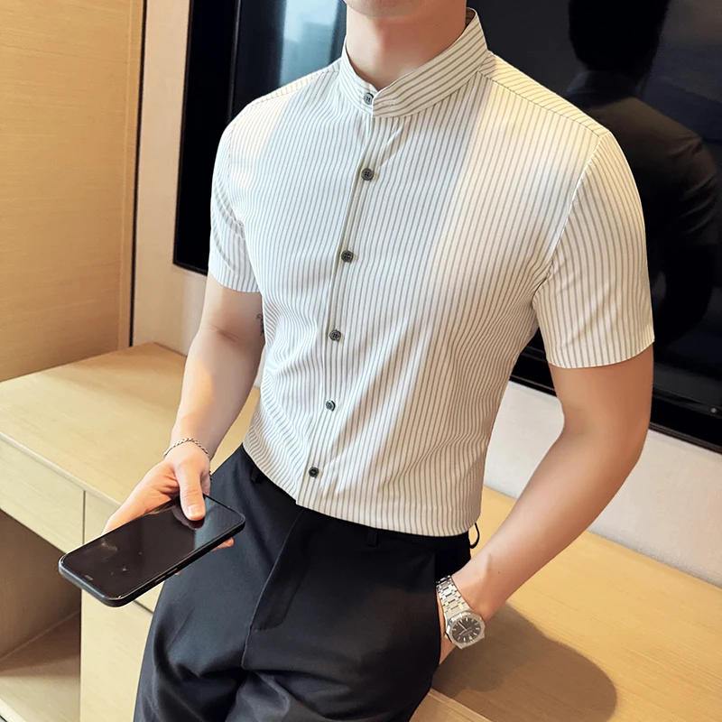 Chinese Style Standing Collar Shirt for Men Summer Half Sleeve Striped Shirts Men's Casual Business Formal Dress Shirts