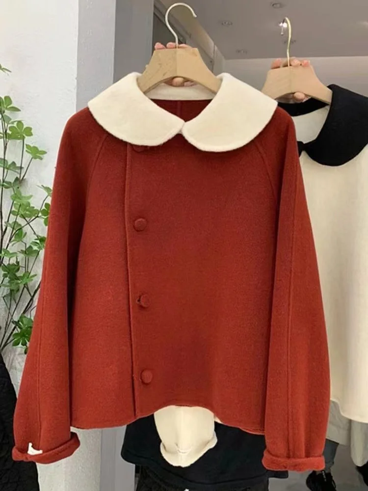 

plus Size Winter Double-Faced Woolen Coat Korean Sle Loose Fit Doll Collar Women's Outerwear Casual Long Sve Thiened