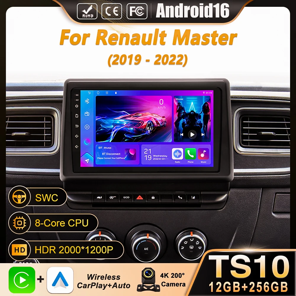 Android 16 Carplay Auto For Renault Master 2019 2020 - 2022 Car Radio Navigation DVD Video Player DSP Stereo 360 Camera Wireless