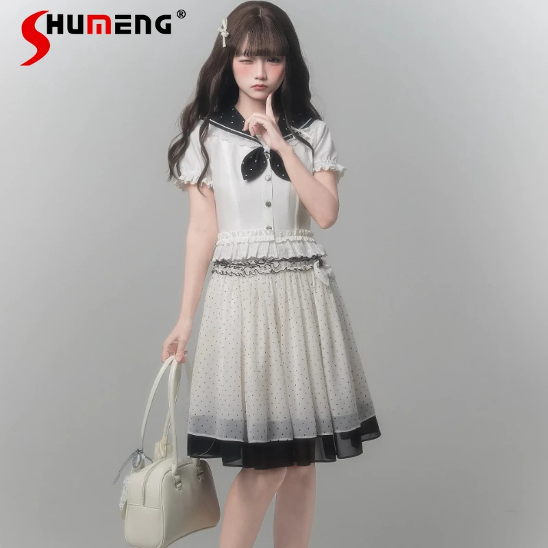 

New Japanese JK Outfit Black White Polka Dot Sailor Collar Cute Mine Series Lolita Blouse And Mini Skirt Sweet Harajuku Clothes