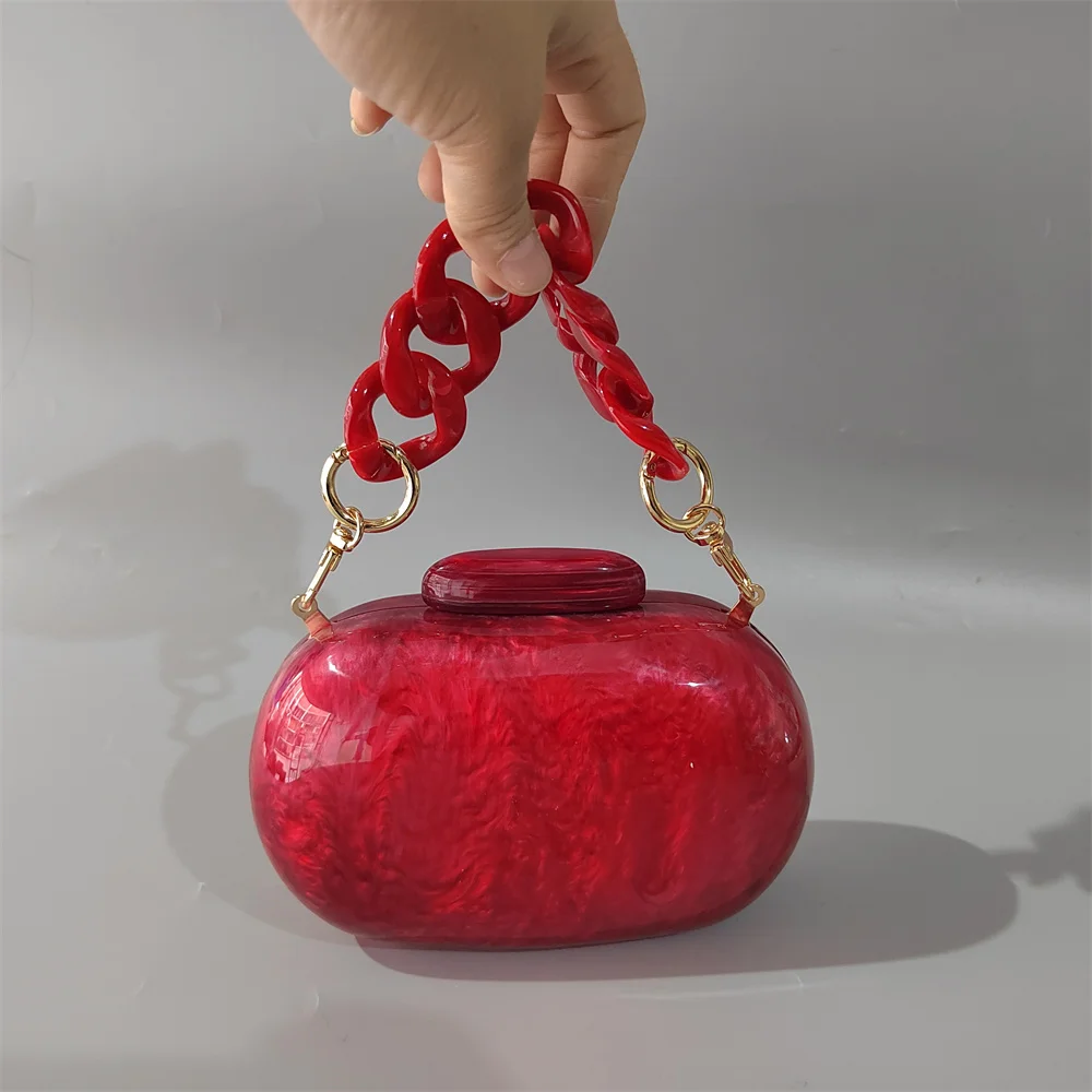 Pearl Red Oval With Resin Handle Acrylic Box Clutches Handbags For Women Mini Bag Shoulder Bohemian Party Wedding Evening Purse