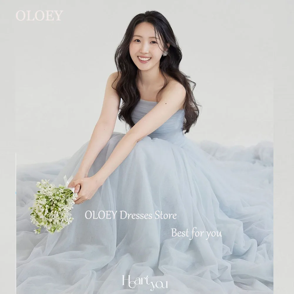 

OLOEY Sky Blue Korea Wedding Dresses Strapless A-line Simple Elegant Bridal Gown Sleeveless Soft Tulle Photo Shoot Dresses