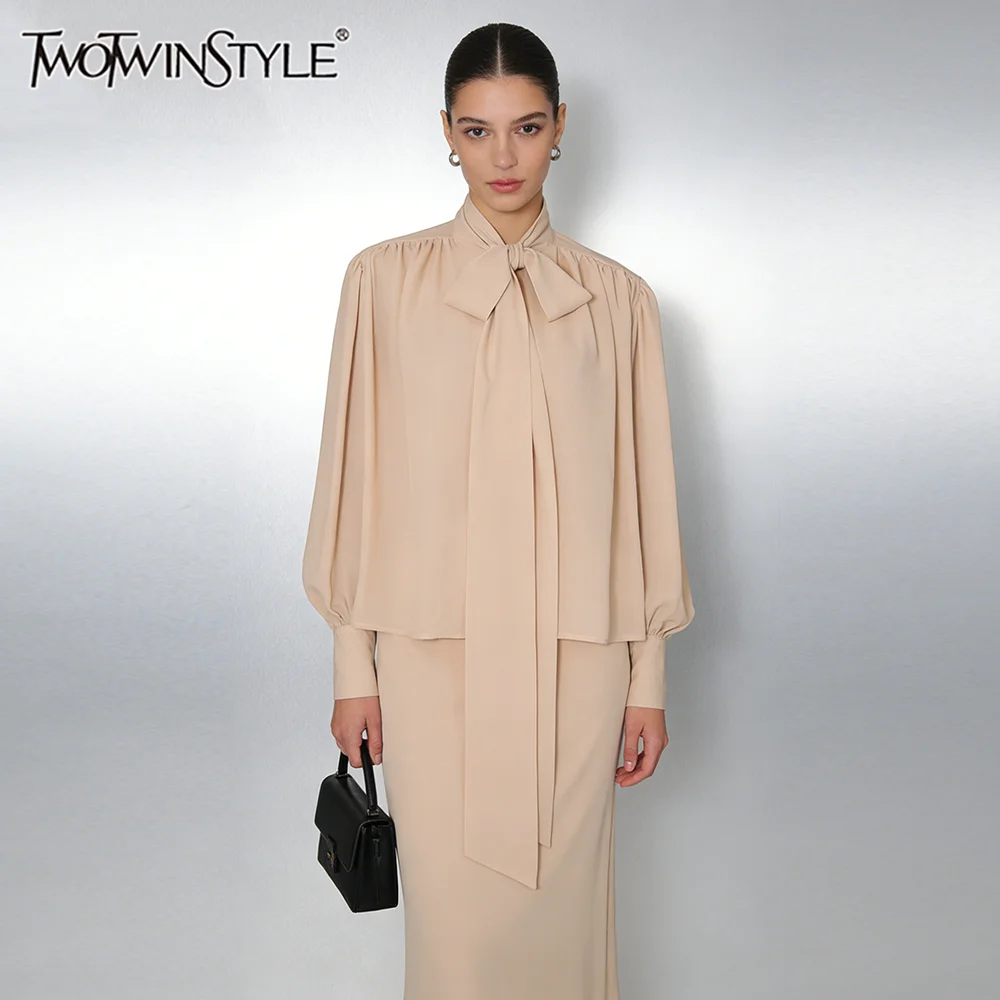 

TWOTWINSTYLE Loose Spliced Shirring Basics Blouses for Women Stand Neck Long Sleeves Patchwork Lace Up Elegant Blouse Female New