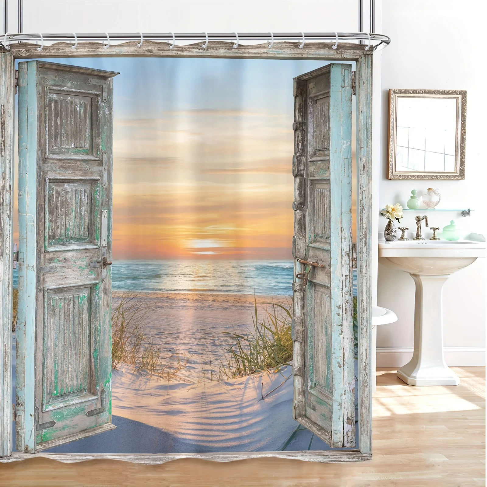 1pc Beach Sunset Shower Curtain - Water-Repellent and Mildew-Resistant for Long-Lasting Use, Creates a Private