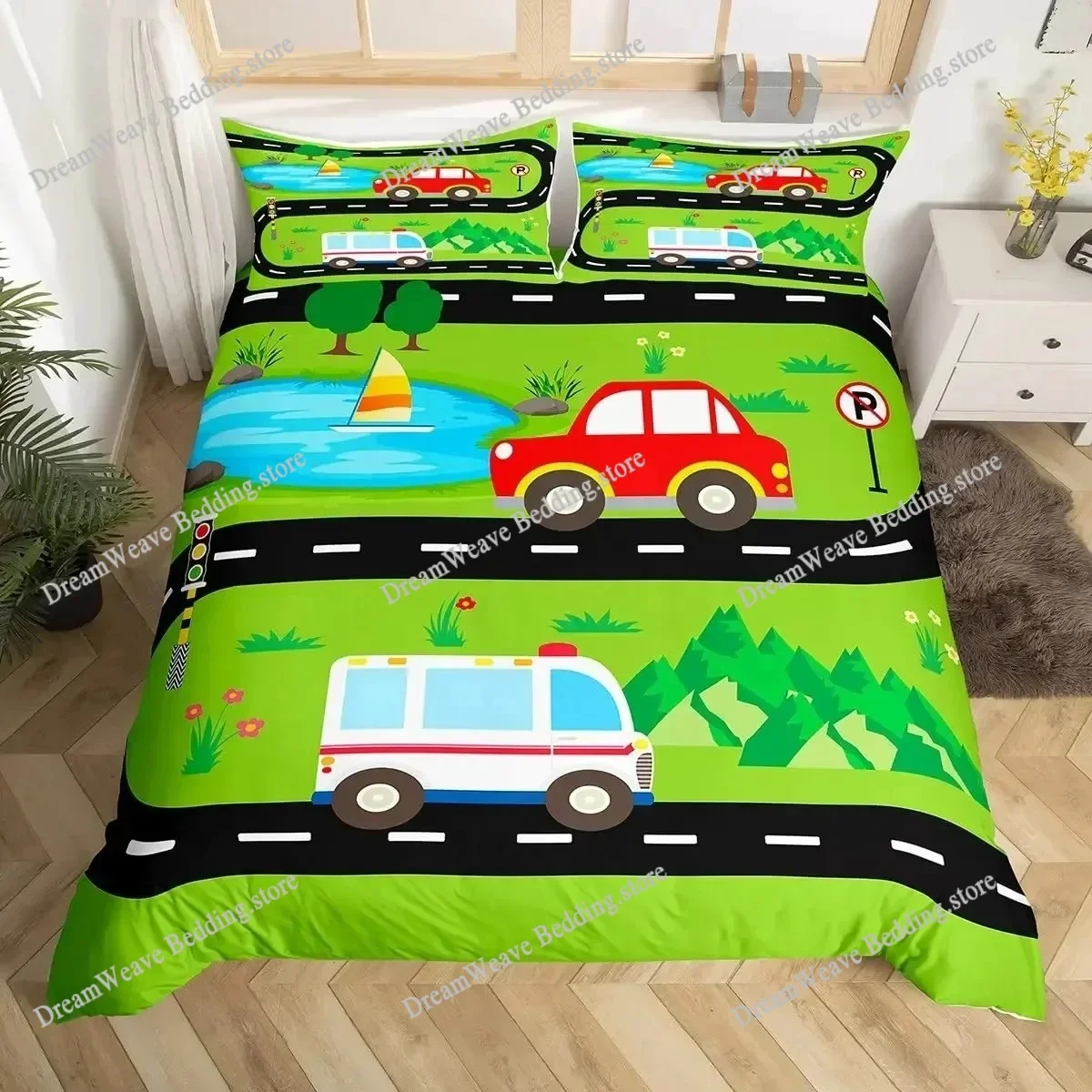 Cartoon Car Duvet Cover Kids City Traffic Road Map Bedding Set for Boys Room Decor,Geometric Lines Street Car Comforter Cover