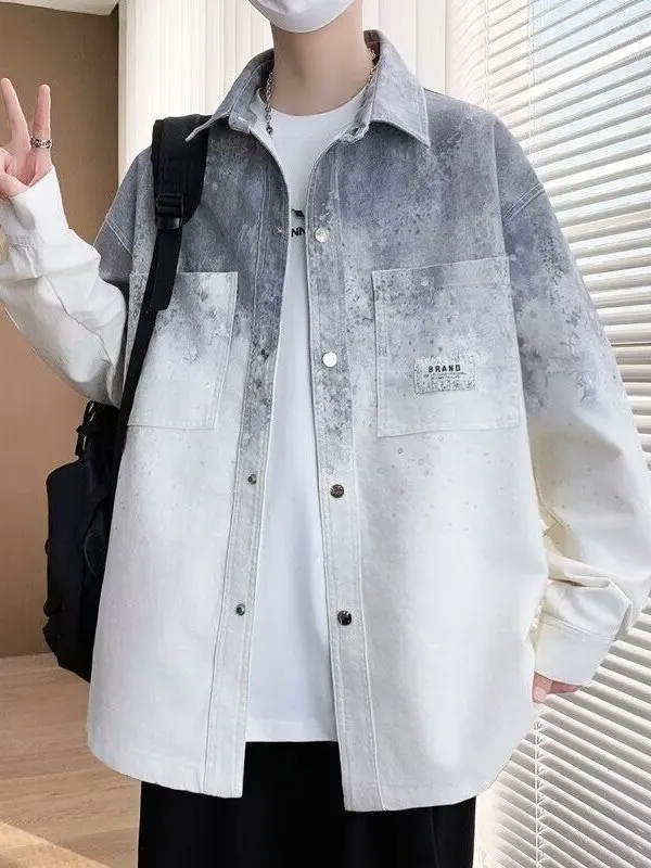 Collaboration Gradient Denim Jacket for Men Spring Autumn Season Casual Long Sleeve Shirt Jacket Style Youthful Trendy Fashion
