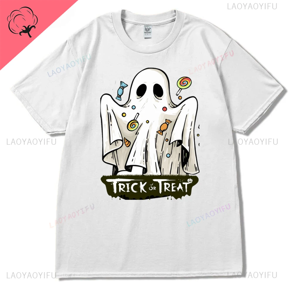 Trick or Treat Hallowmas Ghost Skull Pumpkin Lamp Graphics Cotton T Shirt Streetwear Short Sleeve Tshirt Hipster Women Tees