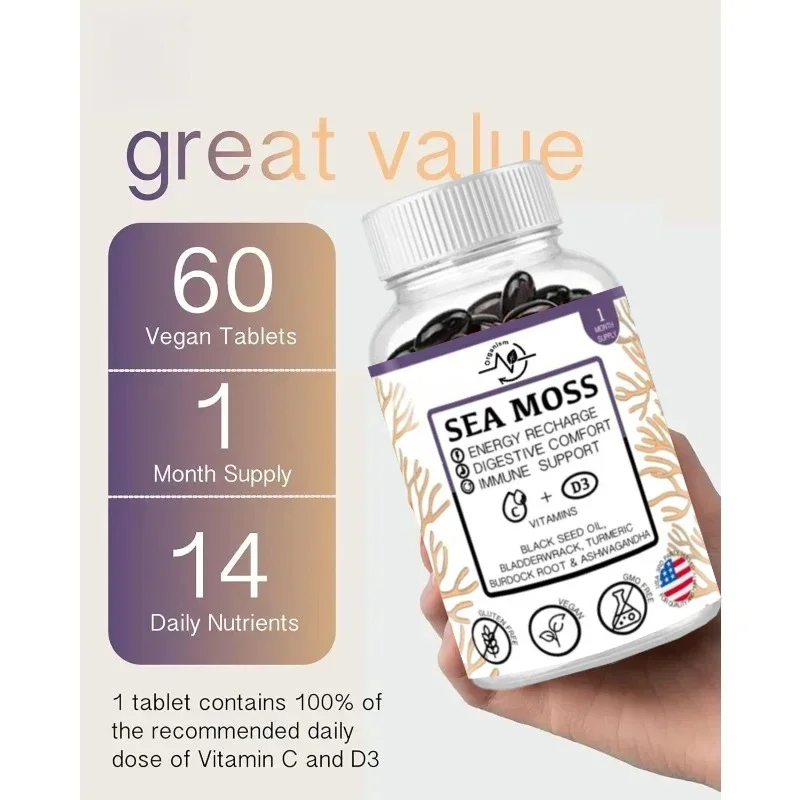 

Капсулы из морских водорослей емкостью 3000 мг с черным семенами, корнем лопухока и черным перцем, травяная добавка для иммунитетной энергии и поддержания пищеварительной системы