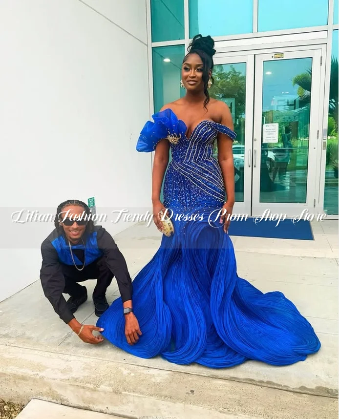 화려한 로얄 블루 인어 저녁 맞춤형 Strapless 상감 페르시 아프리카 여성 생일 파티 vestidos fiesta de lujo