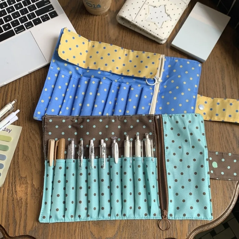 Canvas Polka Dot Makeup Brush Bag Foldable Portable Cosmetic Tools Storage Roll 10 Slots Independent Slots Multipurpose Penbag