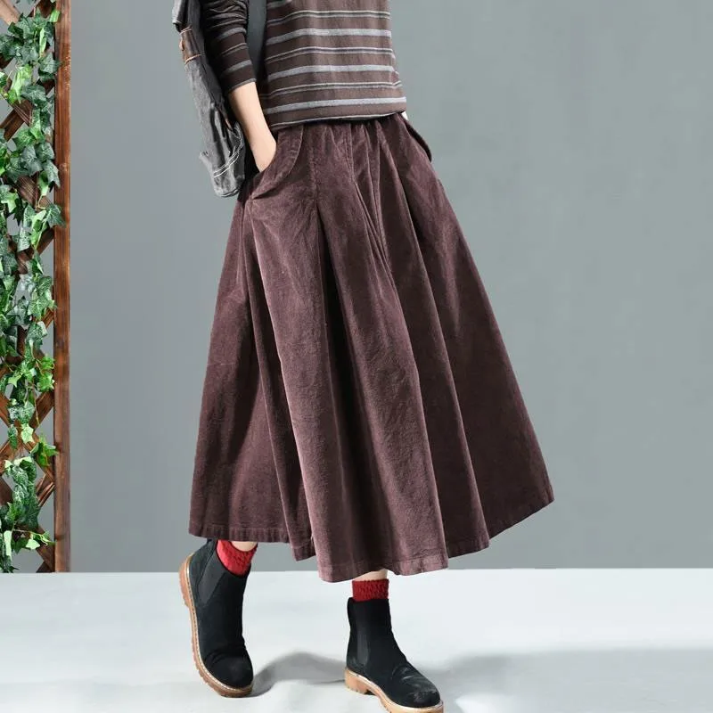 Spring Autumn Arts Style Women High Waist Loose Long Skirt All-matched Casual Cotton Corduroy A-line Skirt Femme Saias