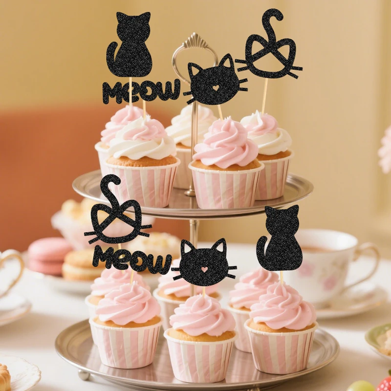 NUBECOM 24 Stück Cupcake-Topper für Katzen, glitzernde Cupcake-Picks für Katzen, Kuchendeckel für Kätzchen, Haustier, Katzen, Geburtstagskuchen-Dekoration – Detail 12