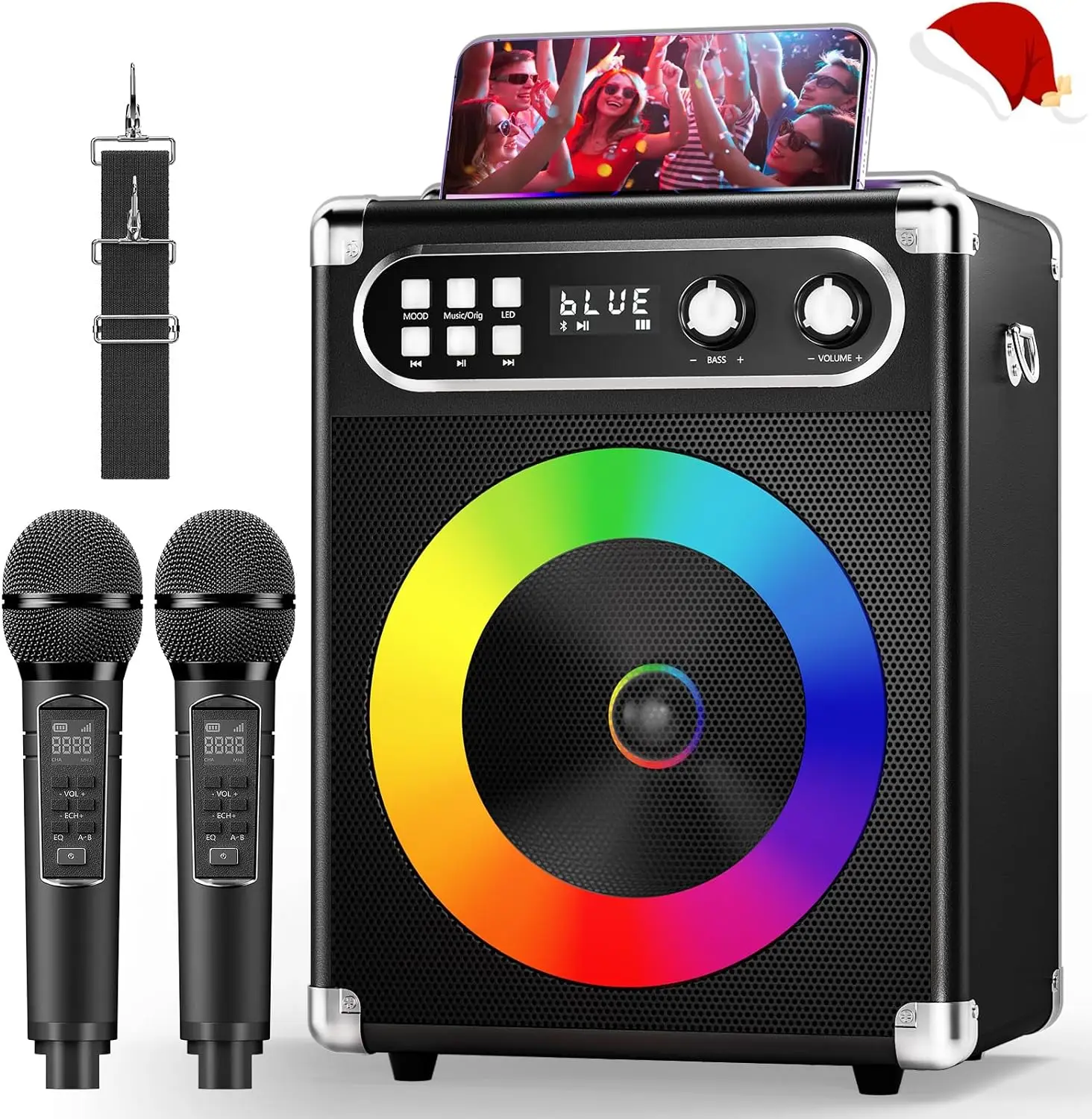 Portable karaoke system, 20W sound speaker with 2 UHF wireless microphones and rechargeable location, full karaoke for home frie