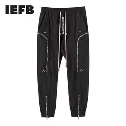 IEFB, pantalones de alta calidad para hombre, ropa de calle, pantalones casuales de tendencia con múltiples cremalleras para hombre, pantalones hasta el tobillo con cintura elástica y cordón