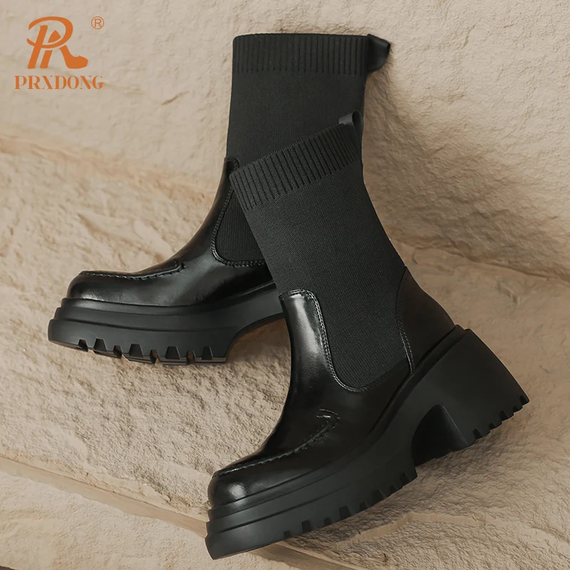 PRXDONG New 2023 Retro scarpe in vera pelle stivaletti donna tacchi alti grossi punta tonda nero marrone Casual calzino stivali 34-39