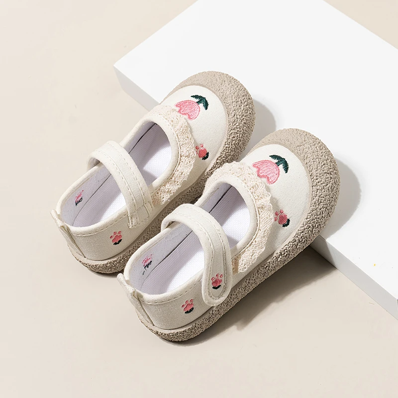 Girls Canvas Shoes Fashion Sweet Embroidery Toddlers Kids Casual Shoes Soft Soled Versatile Children Princess Shoes Ruffled Edge