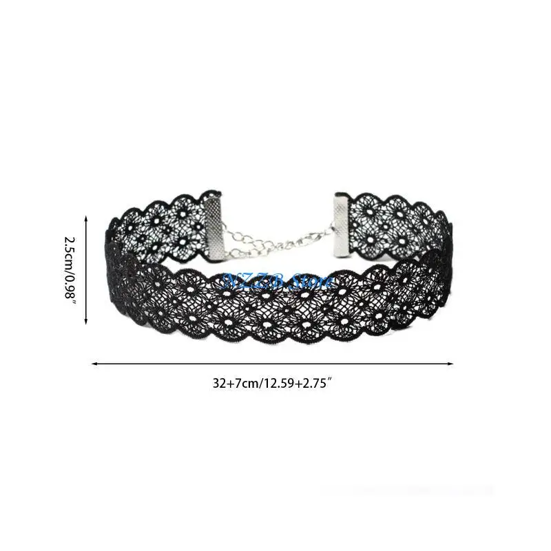 T21F Choker cổ áo Goth Lace Choker Wide Gothic Black Hall