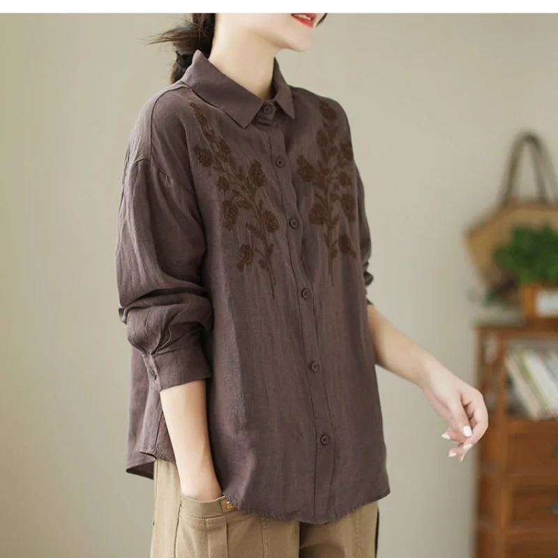 2023 Spring/Summer New Vintage Embroidery Turn-down Collar Indie Folk Loose and Slim Long Sleeve Linen Leisure Female Shirt