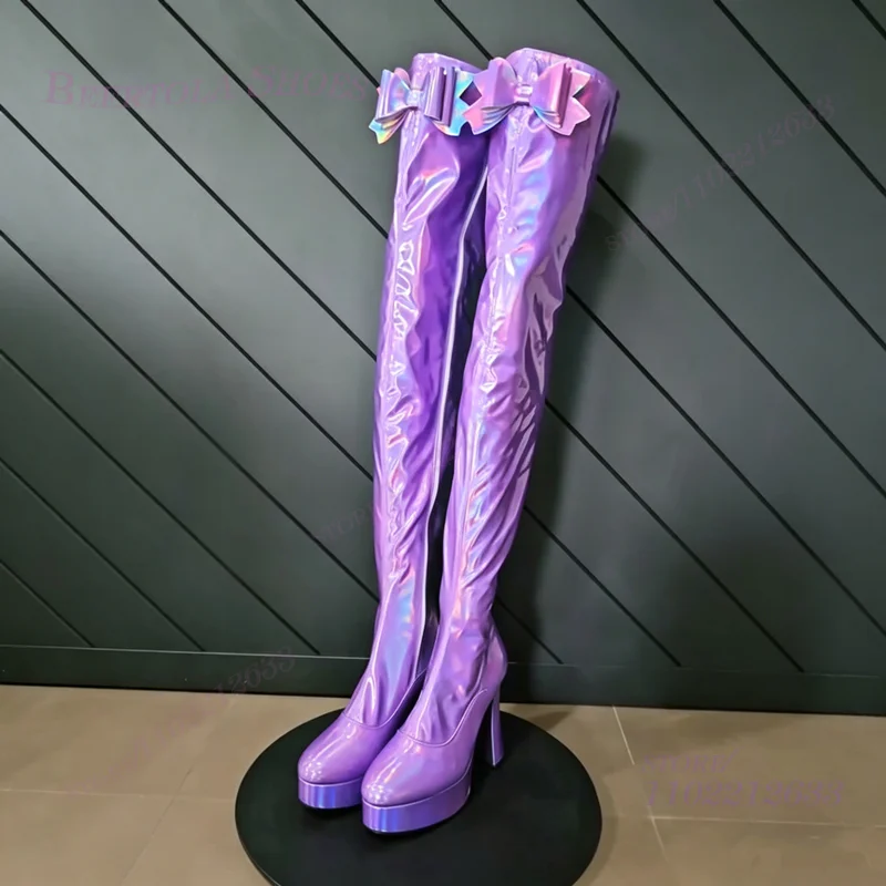 

Deep Purple Metallic Glitter Thigh High Boots Bow Cute Party Style Platform Chunky Heel Round Toe Long Zipper Sexy Women Shoes